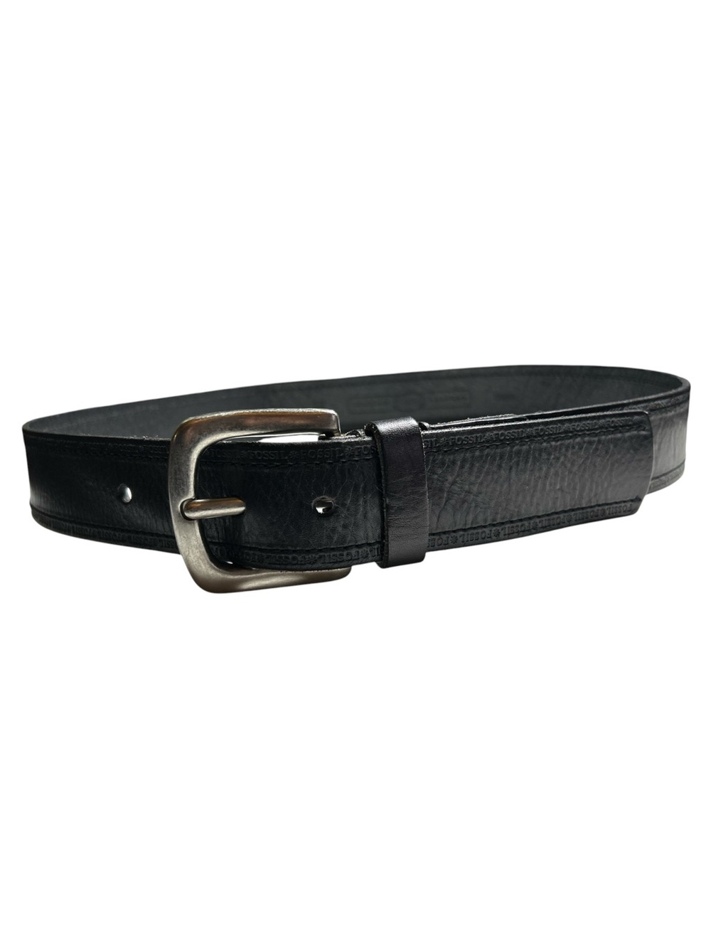 Fossil Black Leather Belt with Brushed Silver Buckle Size M - Picture 3 of 8
